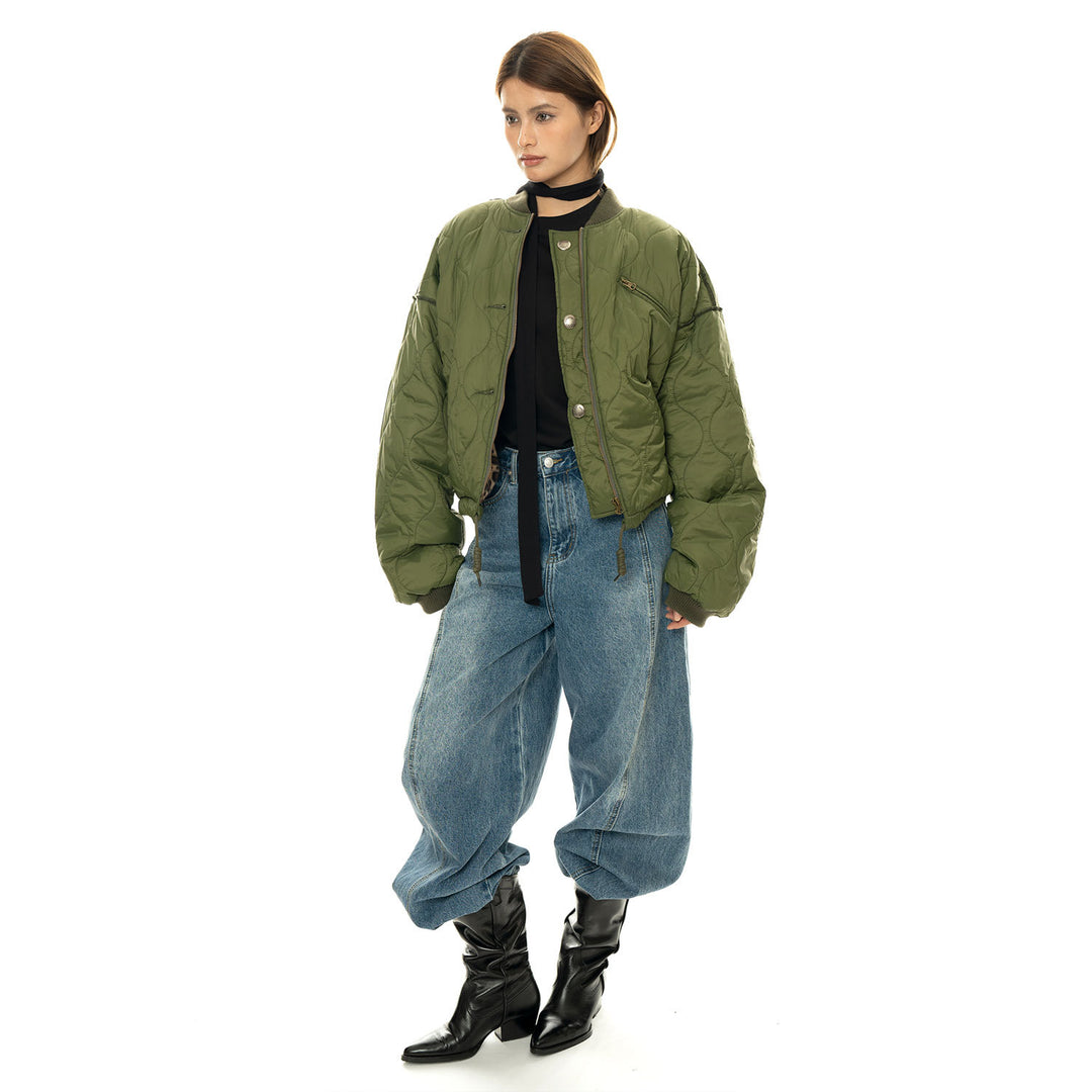 Women Padded Oversize Quilted Bomber Jacket with Leopard Print Lining and Drawstring