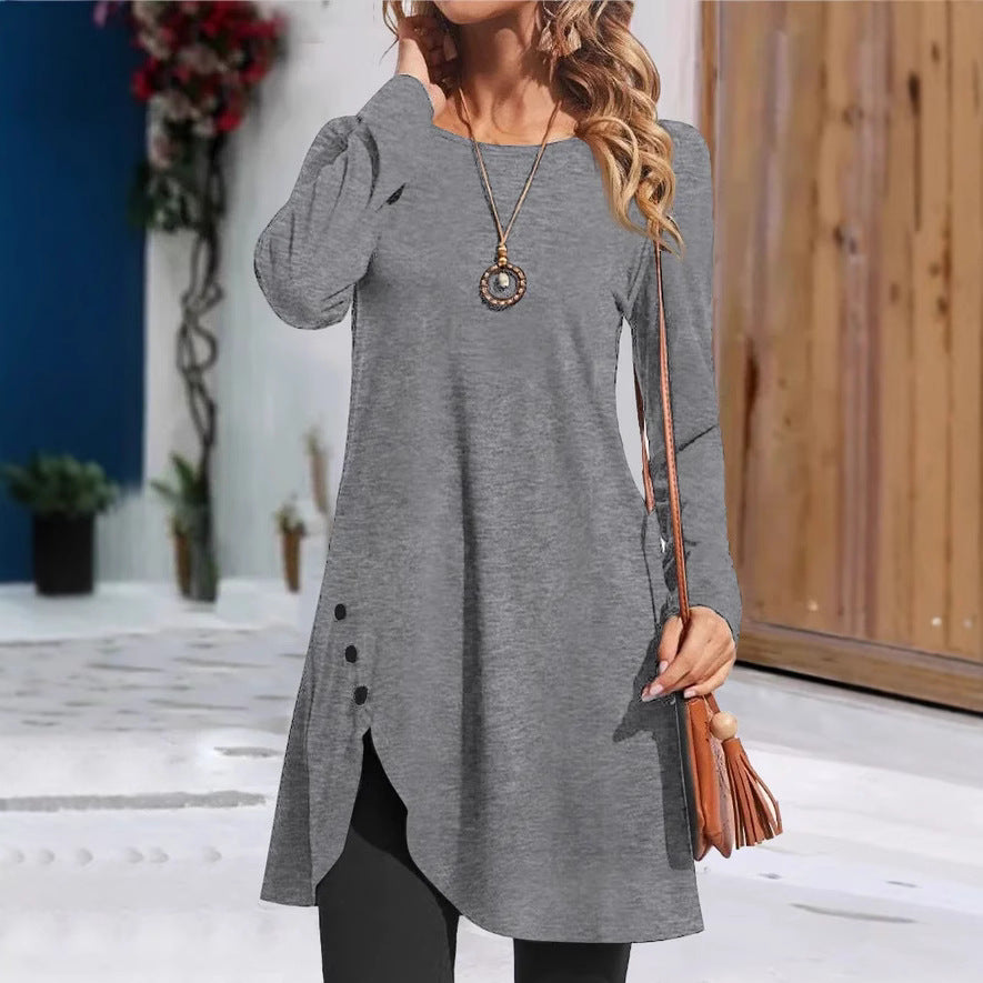 Ladies long tunic with long sleeves in fashion with playful button details Lune London
