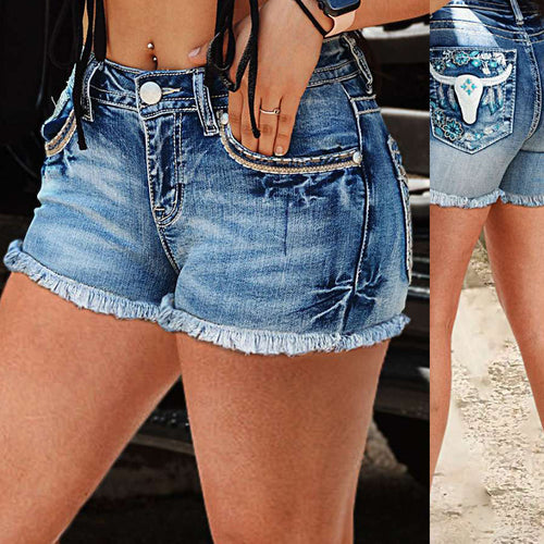 Denim shorts for women with floral embroidery and frayed hem Chic & Stil