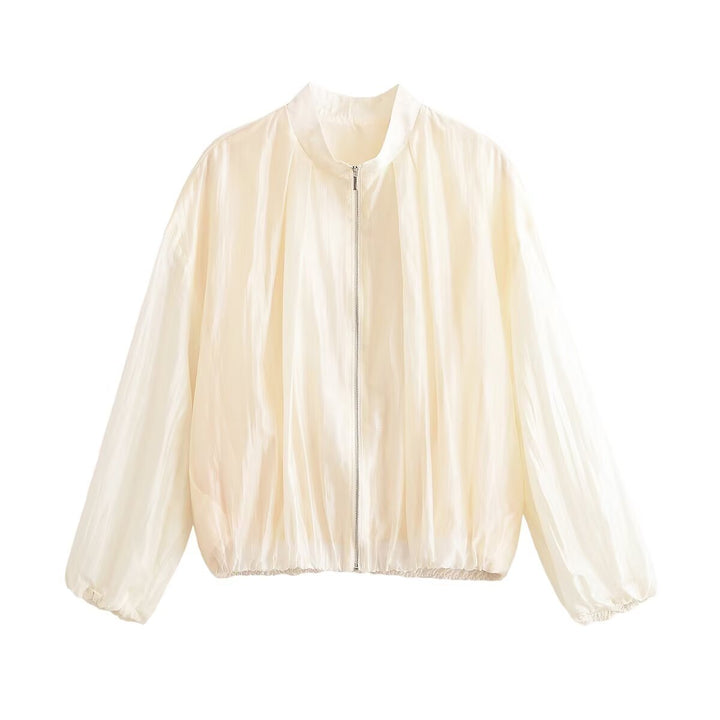 Women's lightweight transparent bomber jacket made of chiffon with stand-up collar Amarae