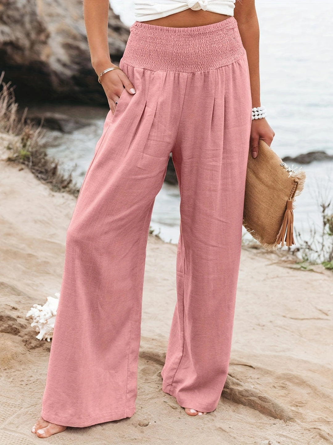 Summer wide-leg pants for women with elastic waist and elegant draping Lune London