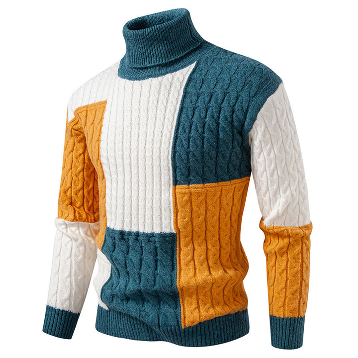 Men's highly crew-neck knitted sweater with a modern cable pattern and attractive color blocks Lune London