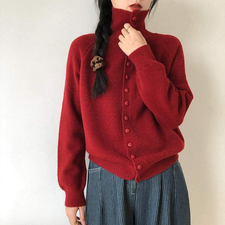 Women's knit jacket with modern turtleneck and button details Lune London