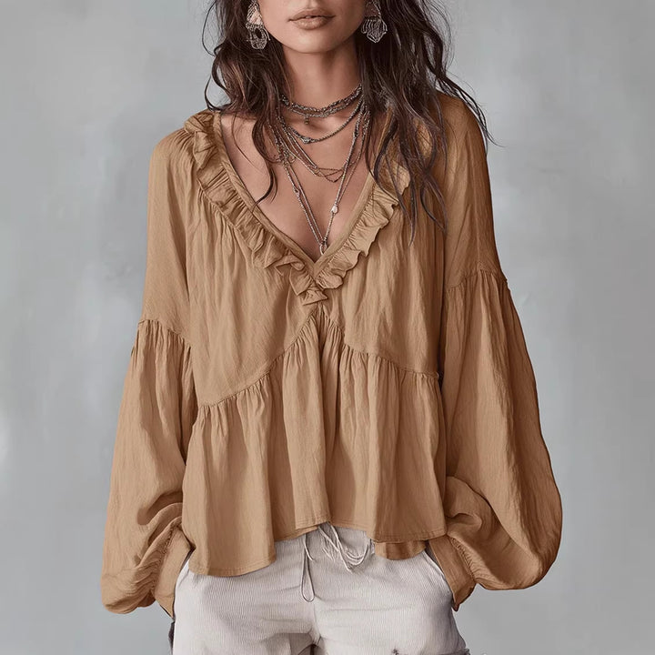 Women's Flowing Top with Ruffled Details and V-Neck Lune London