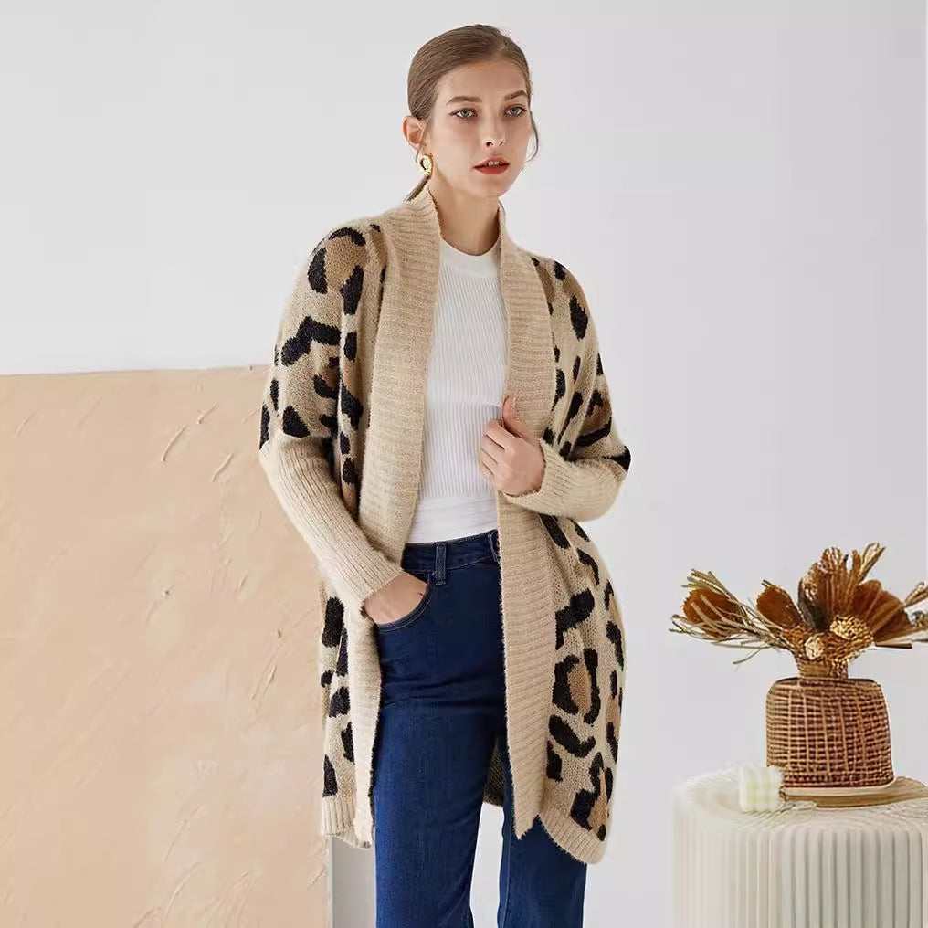 Ladies lightweight knitted cardigan with a modern leopard pattern and an open front Lune London