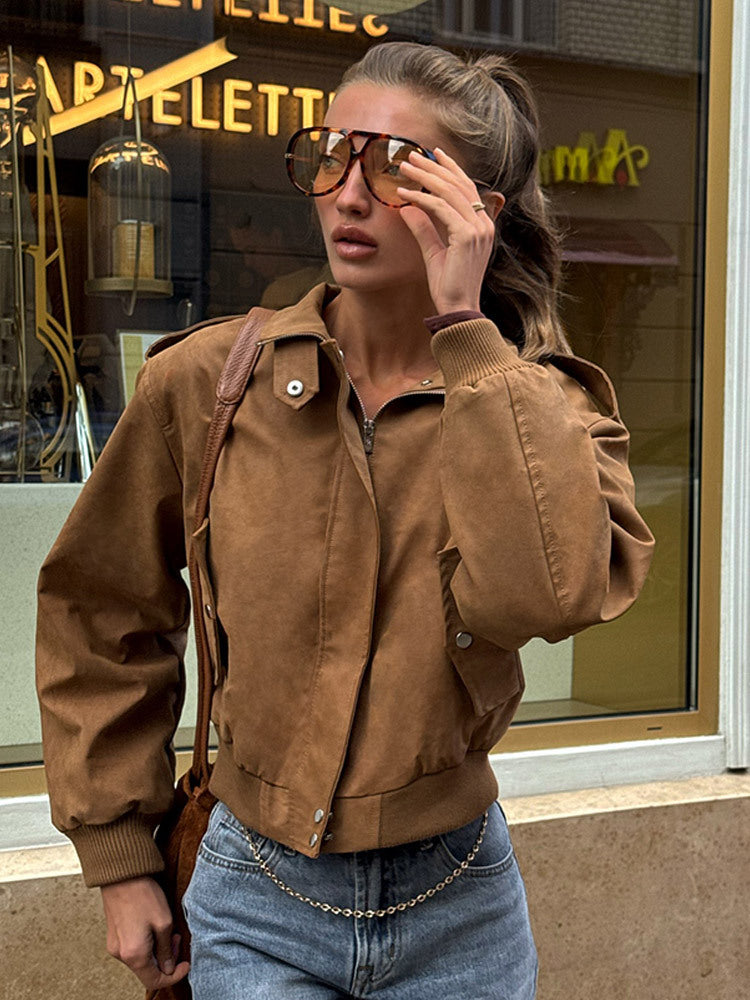 Women's short-cut bomber jacket made of faux suede with ribbed cuffs Amarae