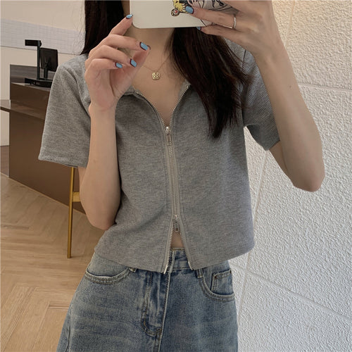Women Cropped Polo Shirt with Zipper and Textured Finish Amarae