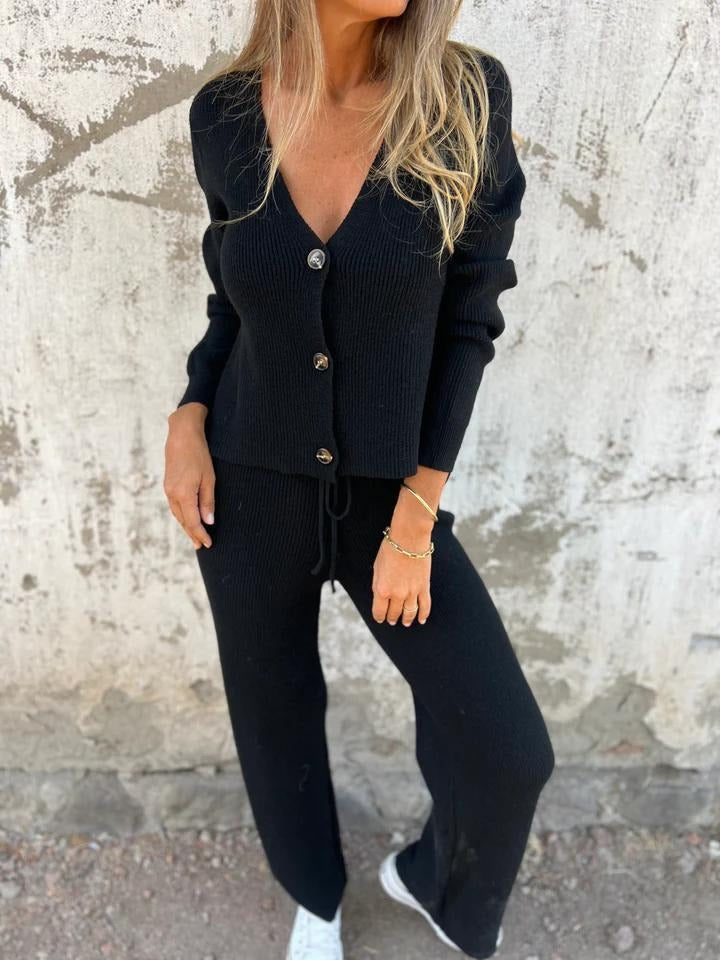Ladies Luxurious Knit Loungewear Set with Button Details Lune London