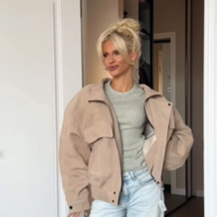 Women Oversize Suede Look Jacket with Flap Pockets and Stand-Up Collar Amarae