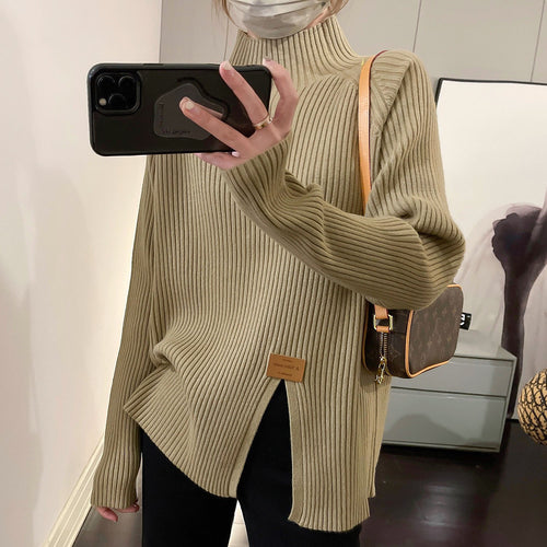Ladies Modern Knit Sweater with High Collar and Chic Asymmetrical Cut