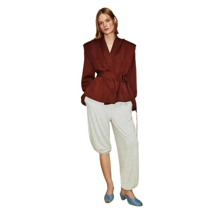 Women Tailored Wrap Blazer with Wide Belt and Decorative Epaulettes Amarae
