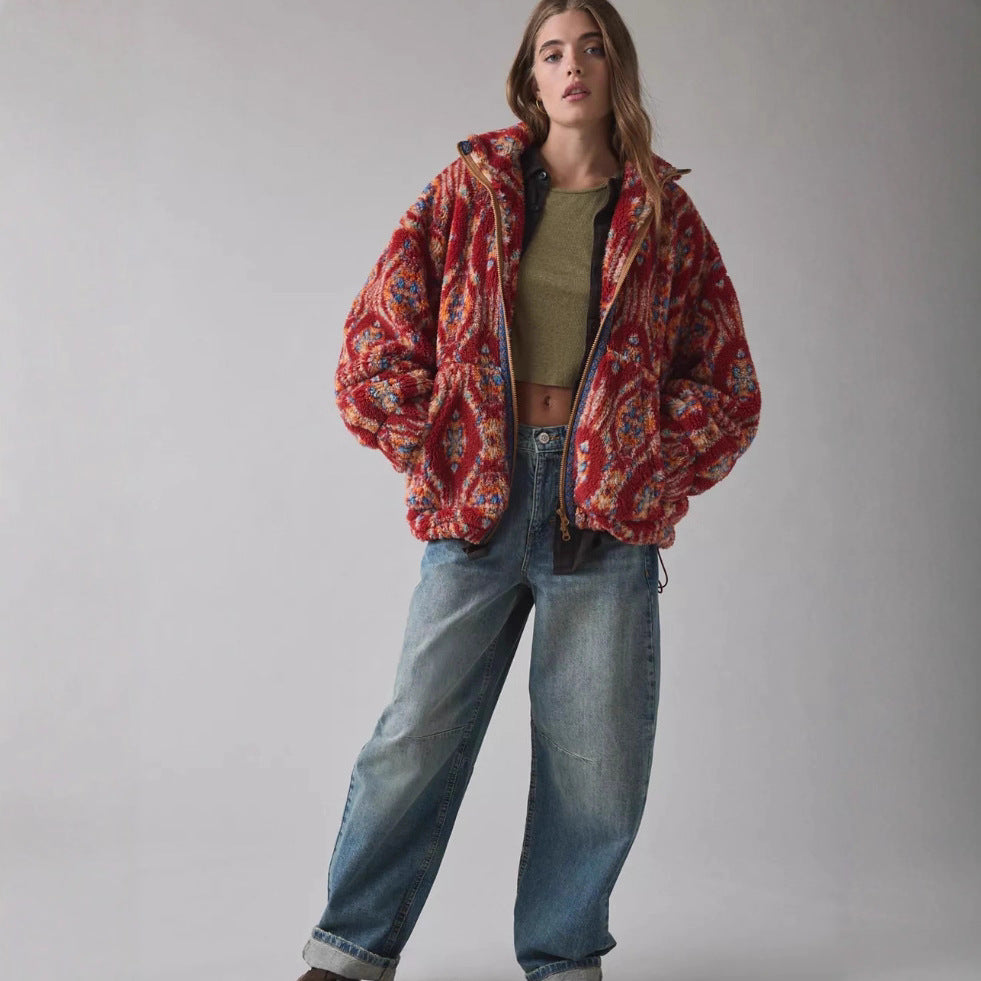 Dames veste en polaire douillette avec motif coloré et col montant Chic & Stil