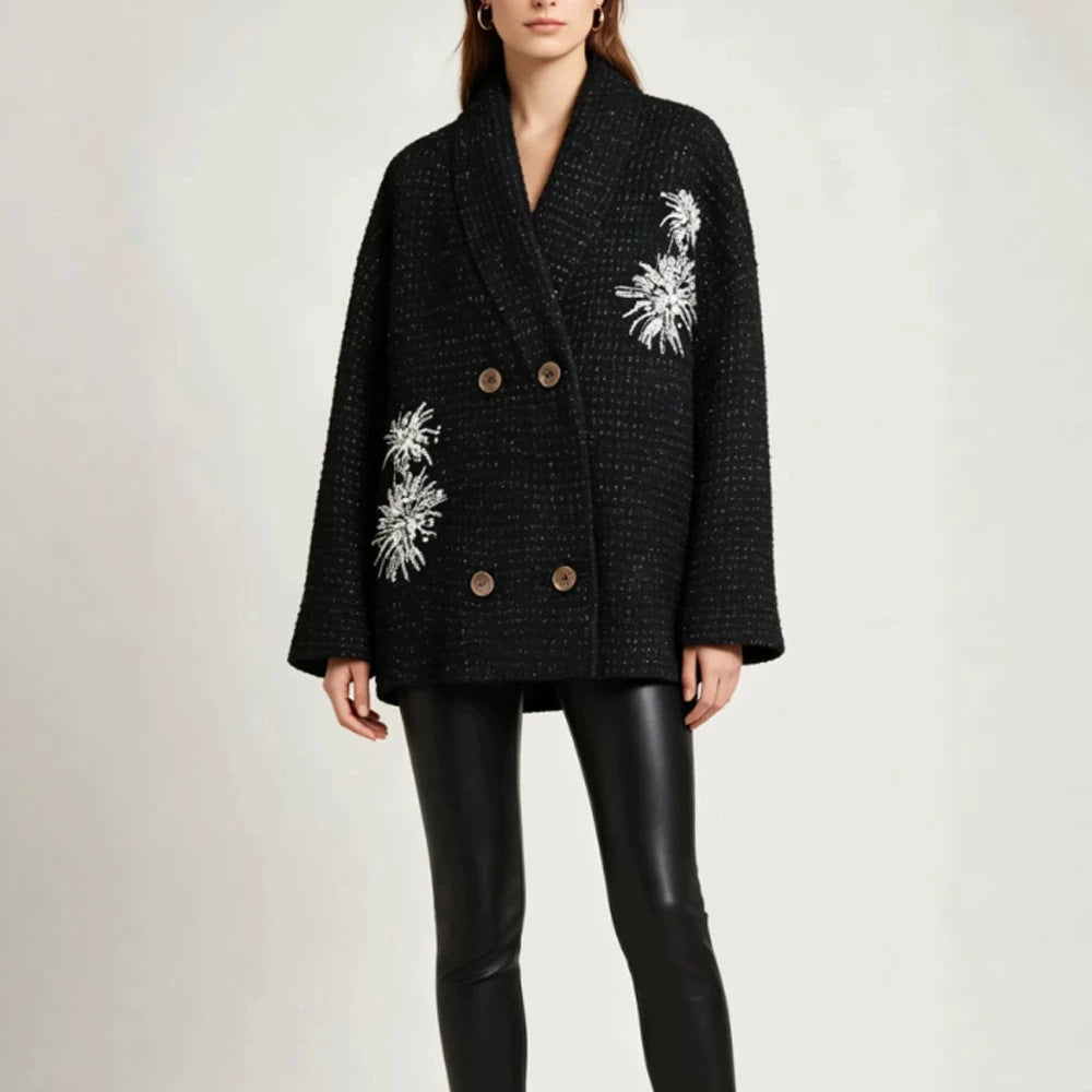 Women's Oversized Boucle Coat Jacket with Shawl Collar and Floral Embroidery Amarae