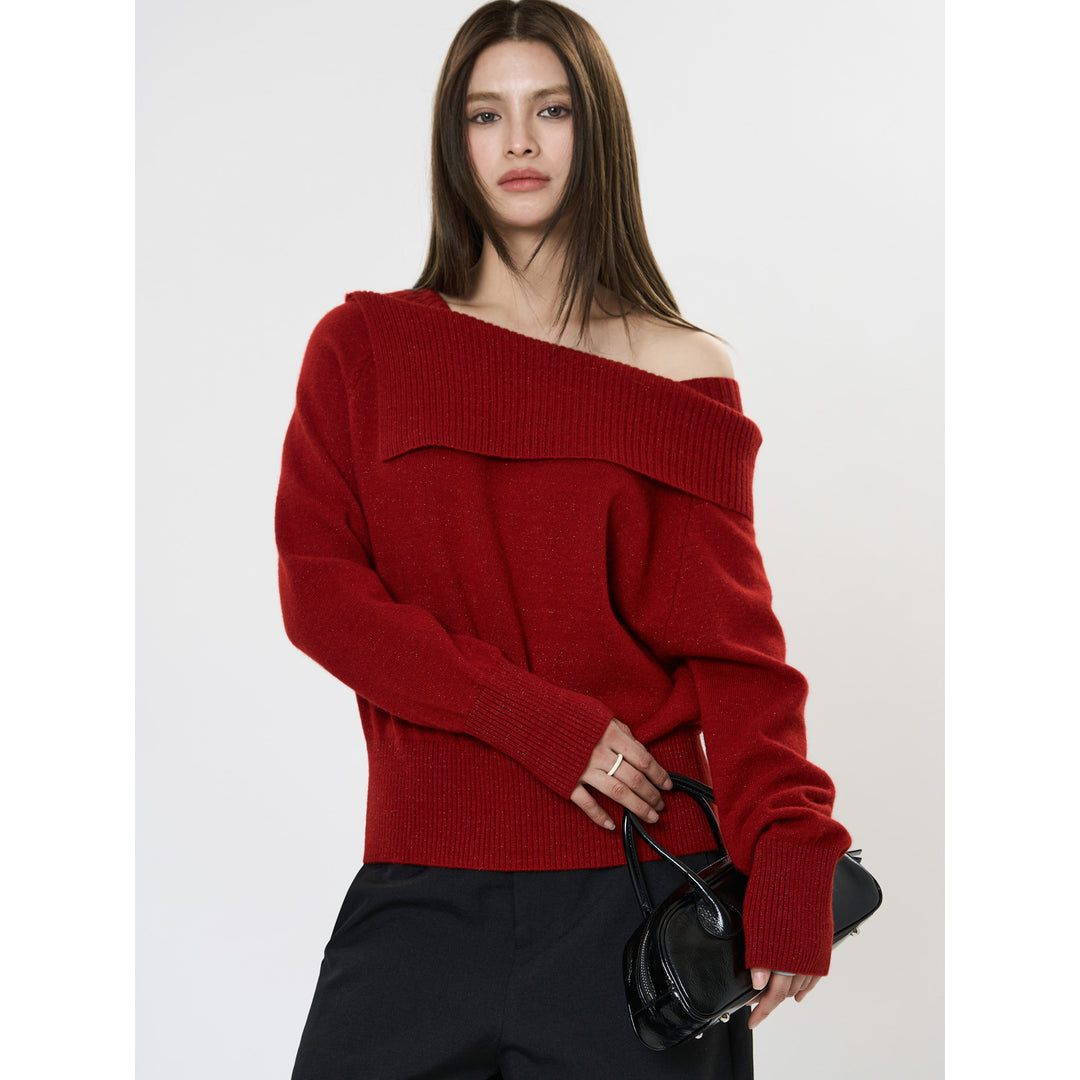 Women's Off-Shoulder Oversized Ribbed Knit Sweater with Folded Collar Amarae
