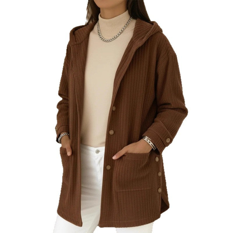 Women's Long Hooded Knitted Cardigan with Ribbed Texture, Button Placket and Side Pockets Amarae