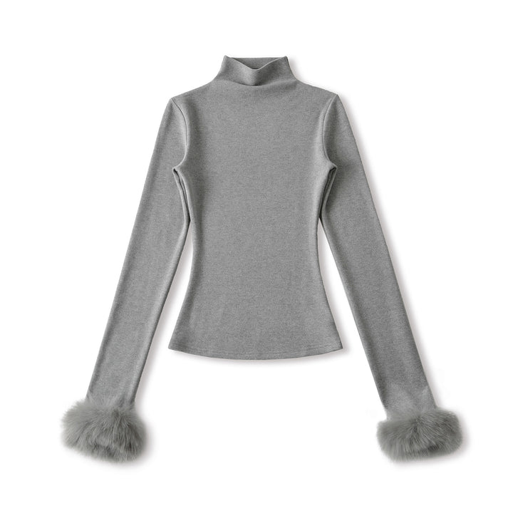 Women's Fitted Turtleneck Top with Faux Fur Cuffs Amarae