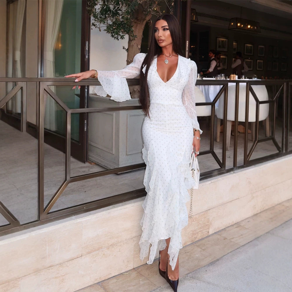Women's chiffon maxi dress with deep V-neck, transparent bell sleeves and tiered ruffles Amarae