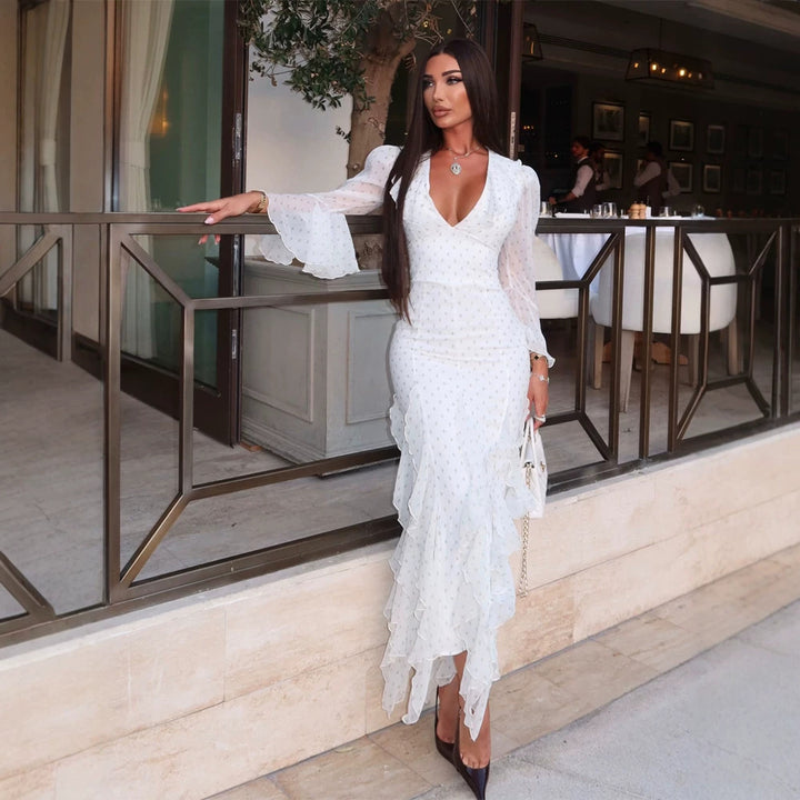 Women's chiffon maxi dress with deep V-neck, transparent bell sleeves and tiered ruffles Amarae