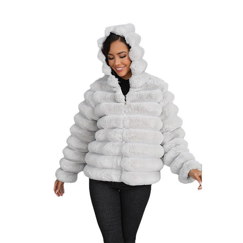 Women's faux fur hooded jacket with textured pattern Lune London