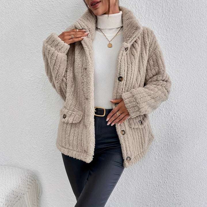 Ladies teddy fur jacket with button design and side pockets Lune London