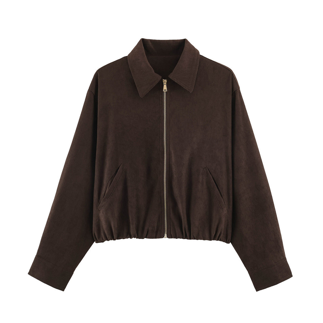 Women's Short Cut Bomber Jacket with Zipper, Shirt Collar and Elastic Hem Amarae