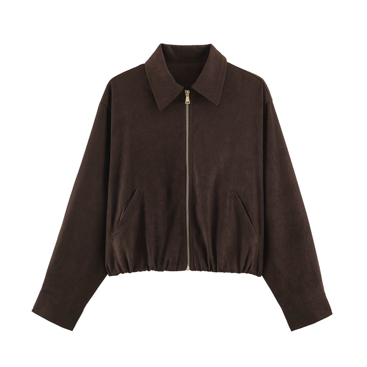 Women's Short Cut Bomber Jacket with Zipper, Shirt Collar and Elastic Hem Amarae