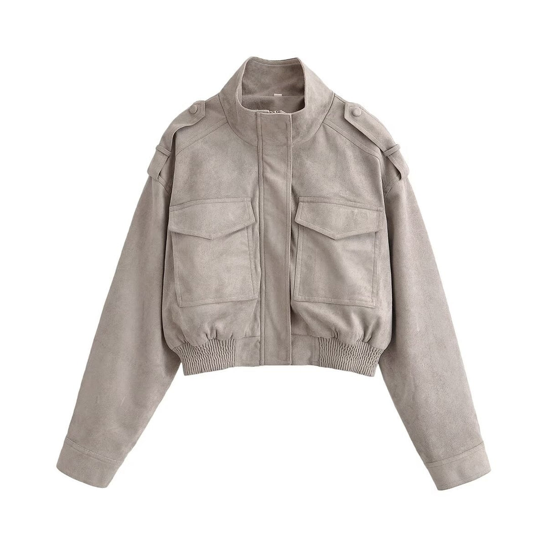 Ladies short blouson in field style made of suede-like material with stand-up collar, shoulder straps and wide ribbed waistband Amarae