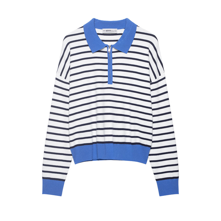 Women's Striped Cropped Knit Polo with Half Zipper and Wide Ribbed Cuff Amarae