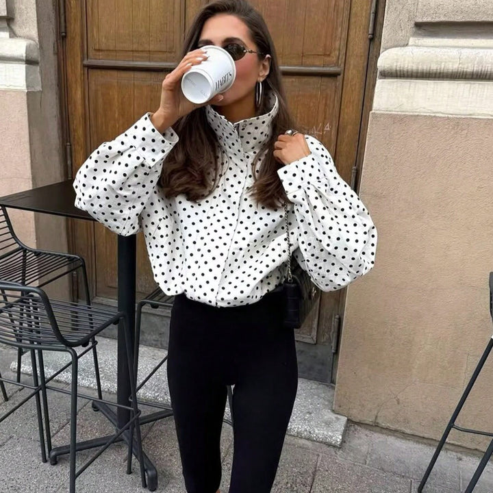 Women Polka Dot Blouse with Stand-up Collar and Balloon Sleeves Amarae