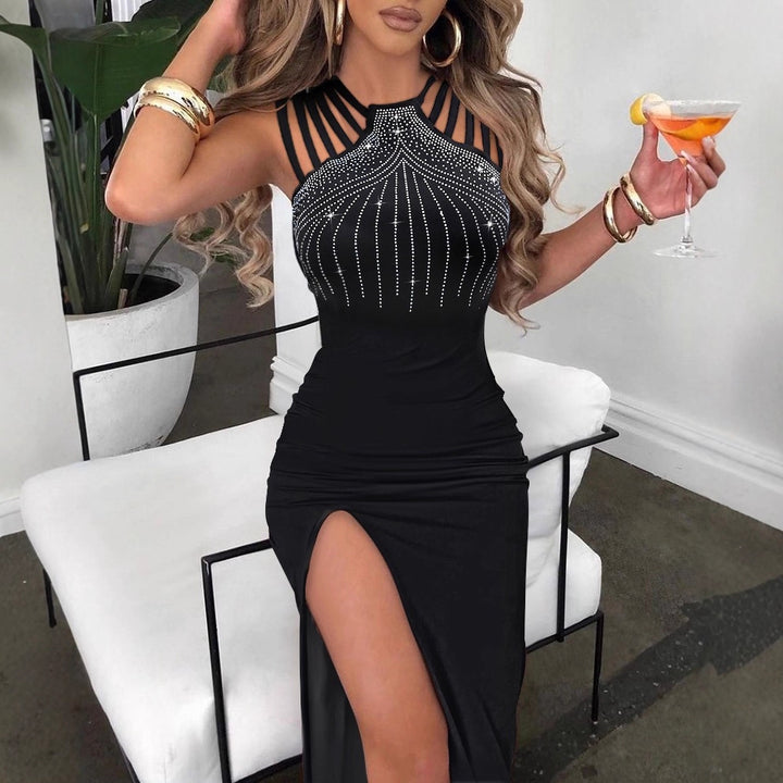 Ladies Elegant Evening Dress with Rhinestone Ornaments and a Deep Slit Lune London