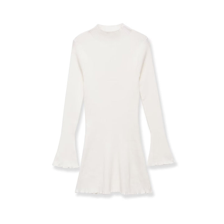 Women's fine knit mini dress with high collar, flared hem, and bell sleeves Amarae