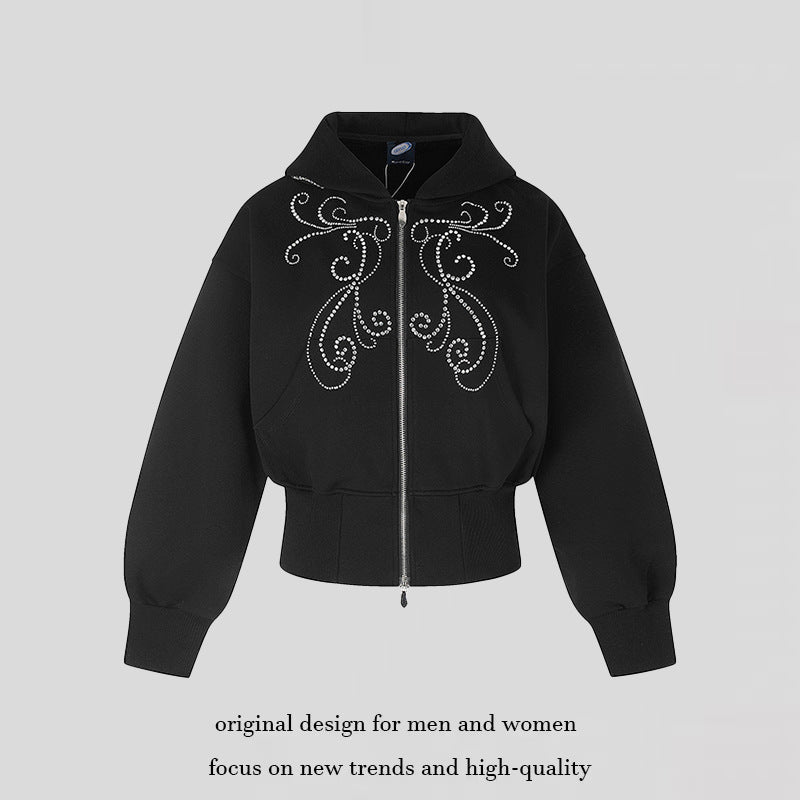 Women's Tailored Hooded Sweat Jacket in Bomber Style with Rhinestone Ornament Amarae