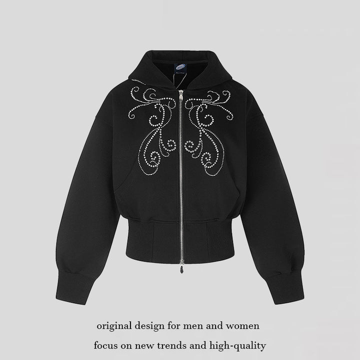 Women's Tailored Hooded Sweat Jacket in Bomber Style with Rhinestone Ornament Amarae
