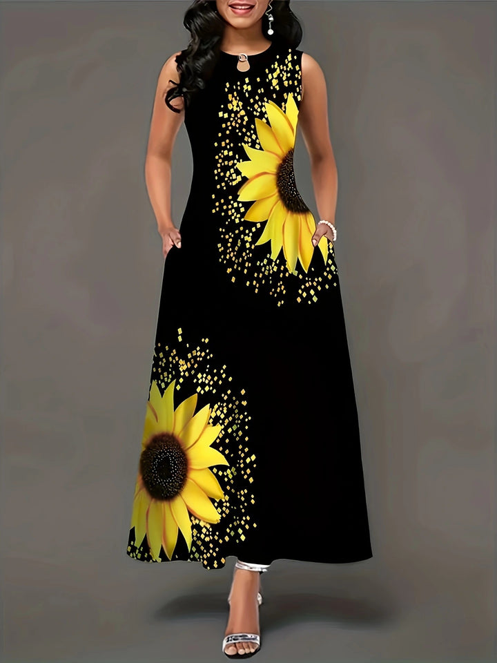 Maxi dress for women with colorful sunflower pattern and practical pockets Lune London