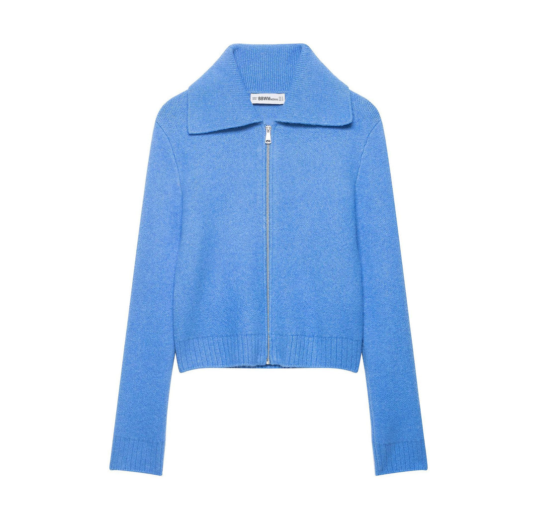 Women's chunky knitted short jacket with zipper, wide collar and ribbed hem Amarae