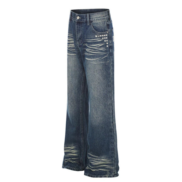 Women Wide High-Waist Distressed Jeans in Palazzo Style with Studded Detailing Amarae