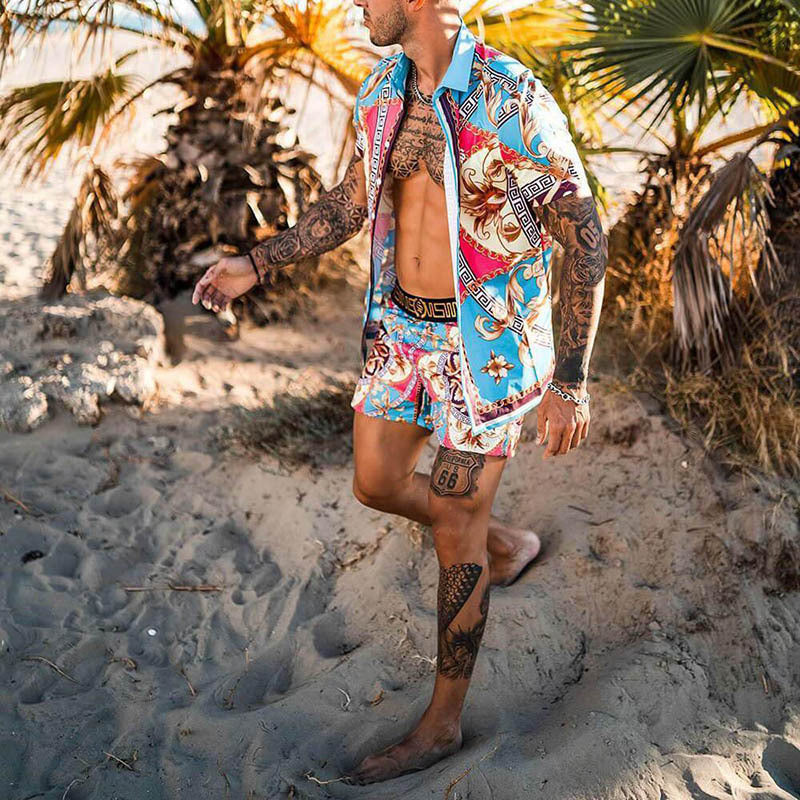 Men's Set Short Sleeve Tropical Print Shirt and Matching Swim Shorts Lune London