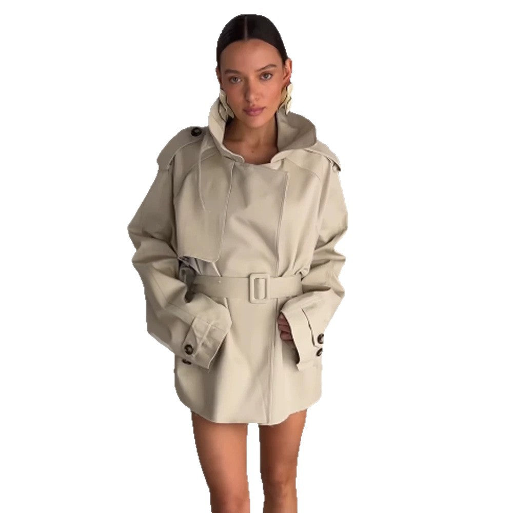 Women's Sculptural Short Trench with Oversized Shawl Collar and Fitted Belt Amarae