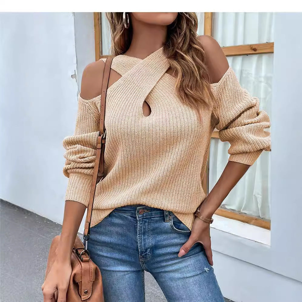 Knitted sweater for women with asymmetric neckline and off-shoulder Lune London