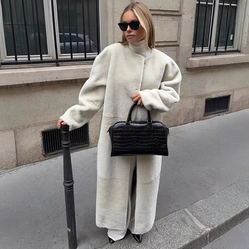 Women's Cozy Longline Teddy Coat with Clean-Cut Silhouette and Hidden Snap Placket Amarae