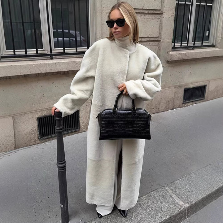 Women's Cozy Longline Teddy Coat with Clean-Cut Silhouette and Hidden Snap Placket Amarae