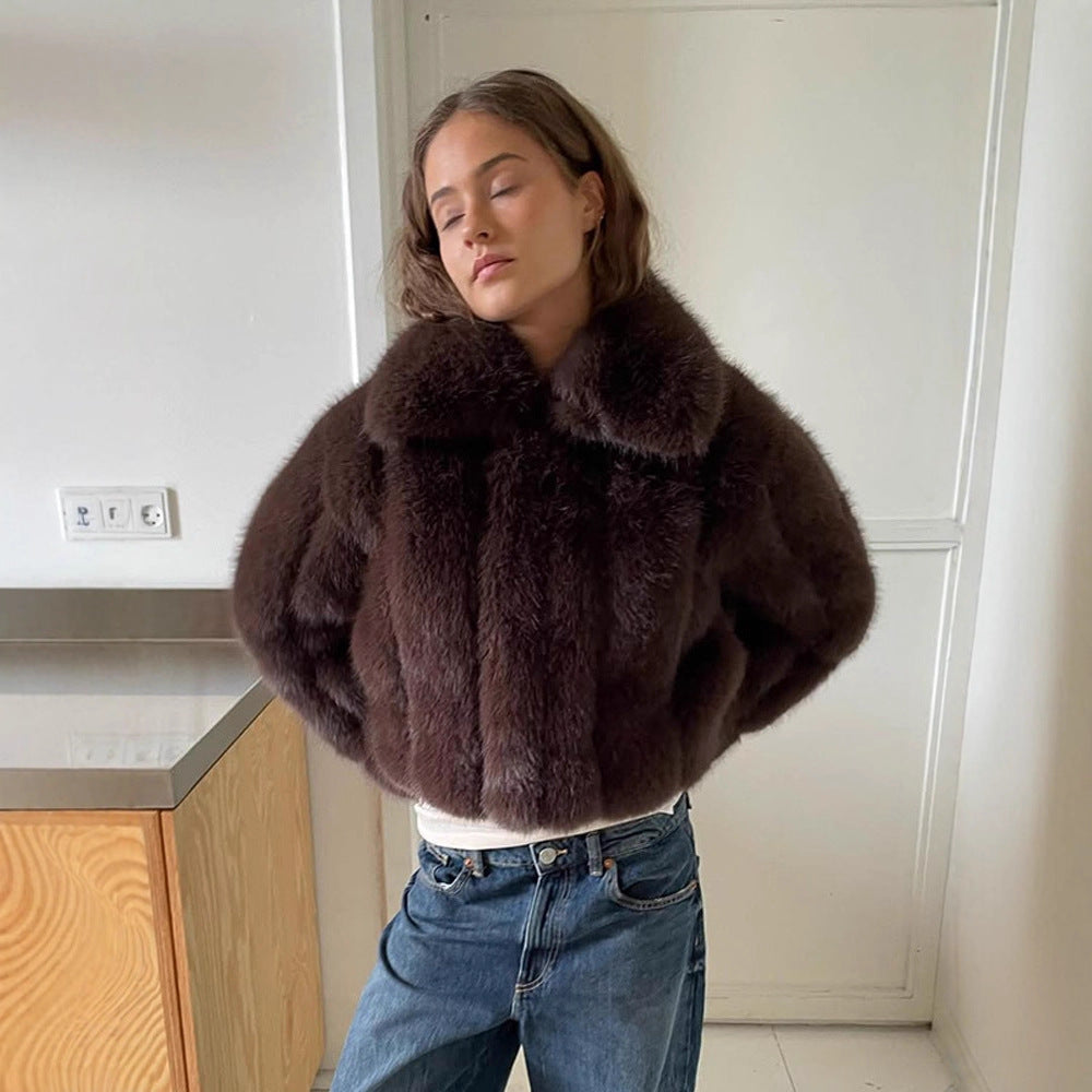Women's Short Cropped Faux Fur Jacket with Voluminous Shawl Collar and Boxy Silhouette Amarae