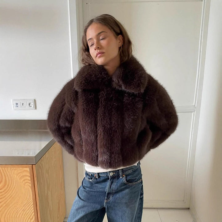 Women's Short Cropped Faux Fur Jacket with Voluminous Shawl Collar and Boxy Silhouette Amarae