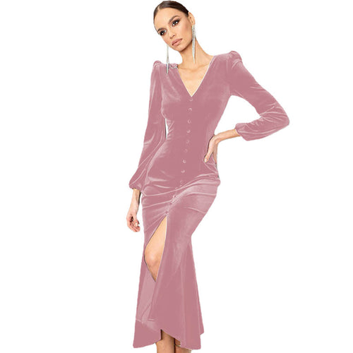 Maxi velvet dress for women with central button closure and side slit Amarae