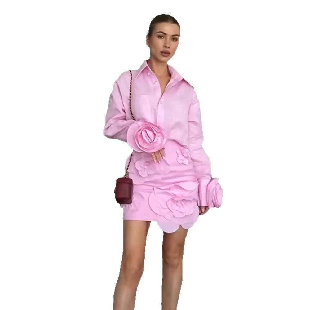 Women's Shirt Blouse-Mini Skirt Set with Voluminous 3D Rose Appliqués and Pearl Details Amarae