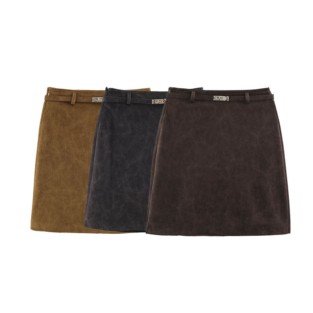 Women A-line mini skirt made of faux suede with narrow decorative belt Amarae