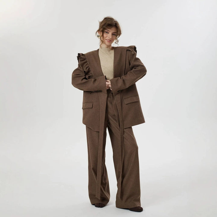 Women Two-Piece Oversized Blazer and Pants Set with Ruffled Shoulder and High Pleat Amarae