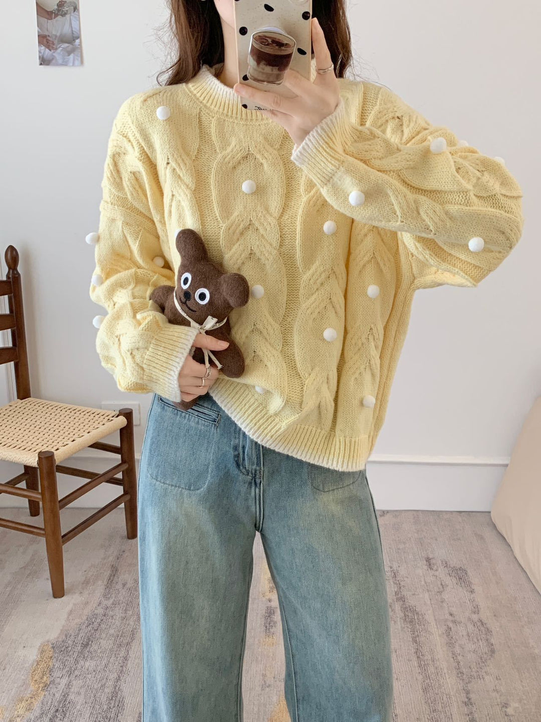 Pull surdimensionné en tricot épais pour femmes avec un motif en câble décontracté et des appliqués ludiques Chic & Stil