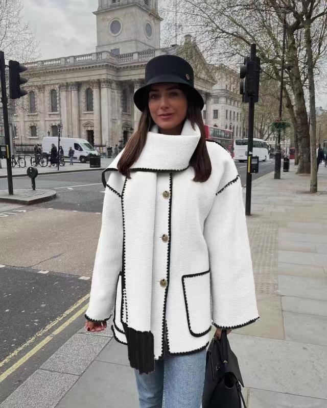 Ladies Cozy Fleece Jacket with Elegant Fringe and Lune London Button Detail