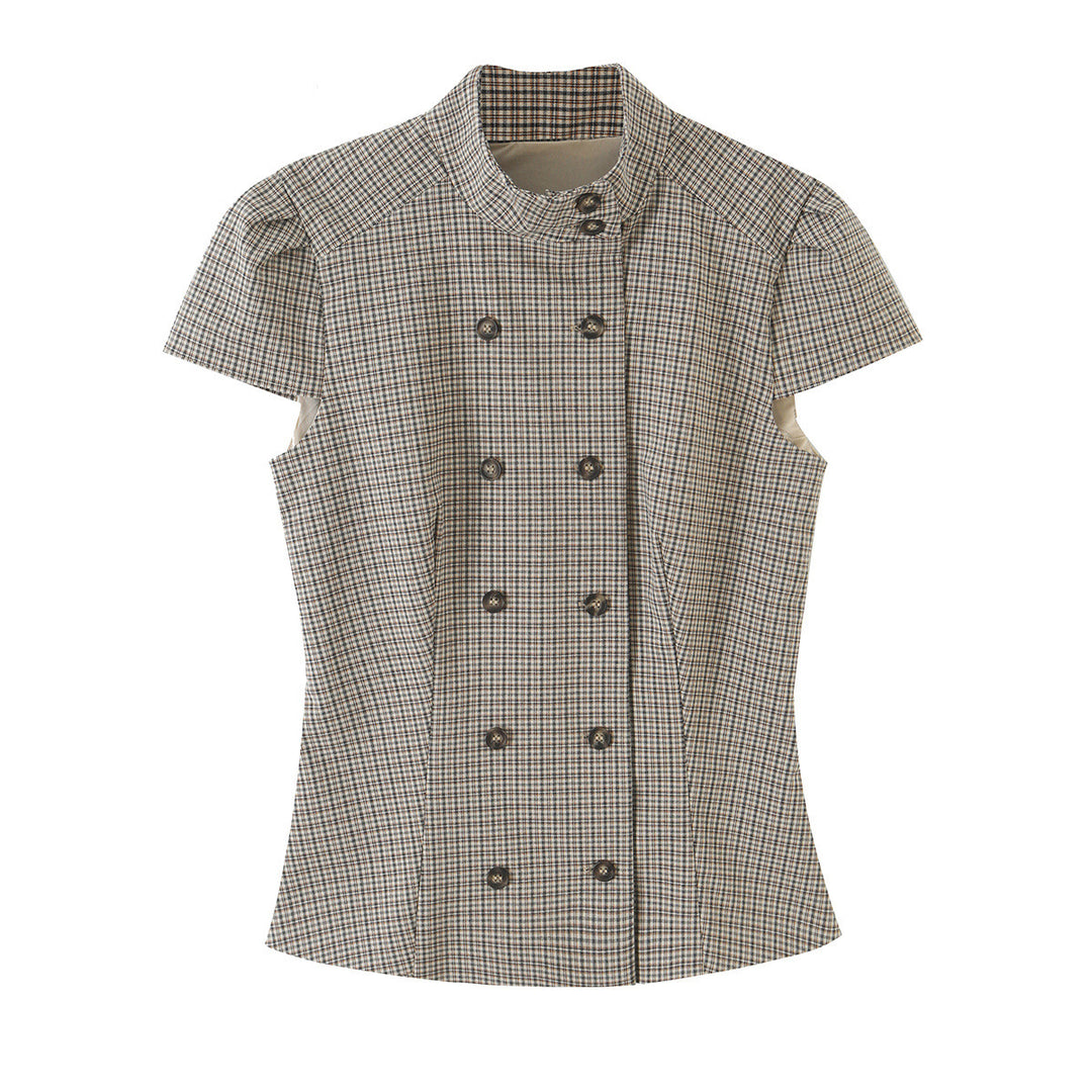 Women Tailored Short Sleeve Waistcoat with Pinstripes and Double Button Placket Amarae